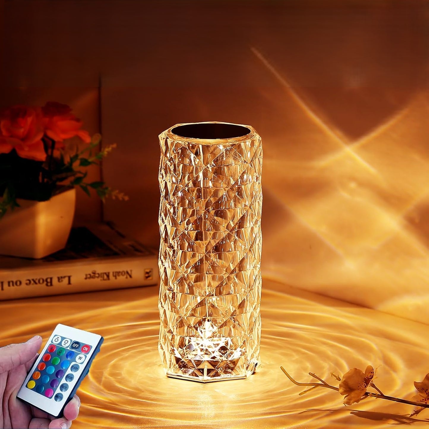 Rose Crystal Table Lamp - 3-Color and 16-Color Touch/Remote Dimmable Night Light for Bedroom and Living Room - Home Fads 