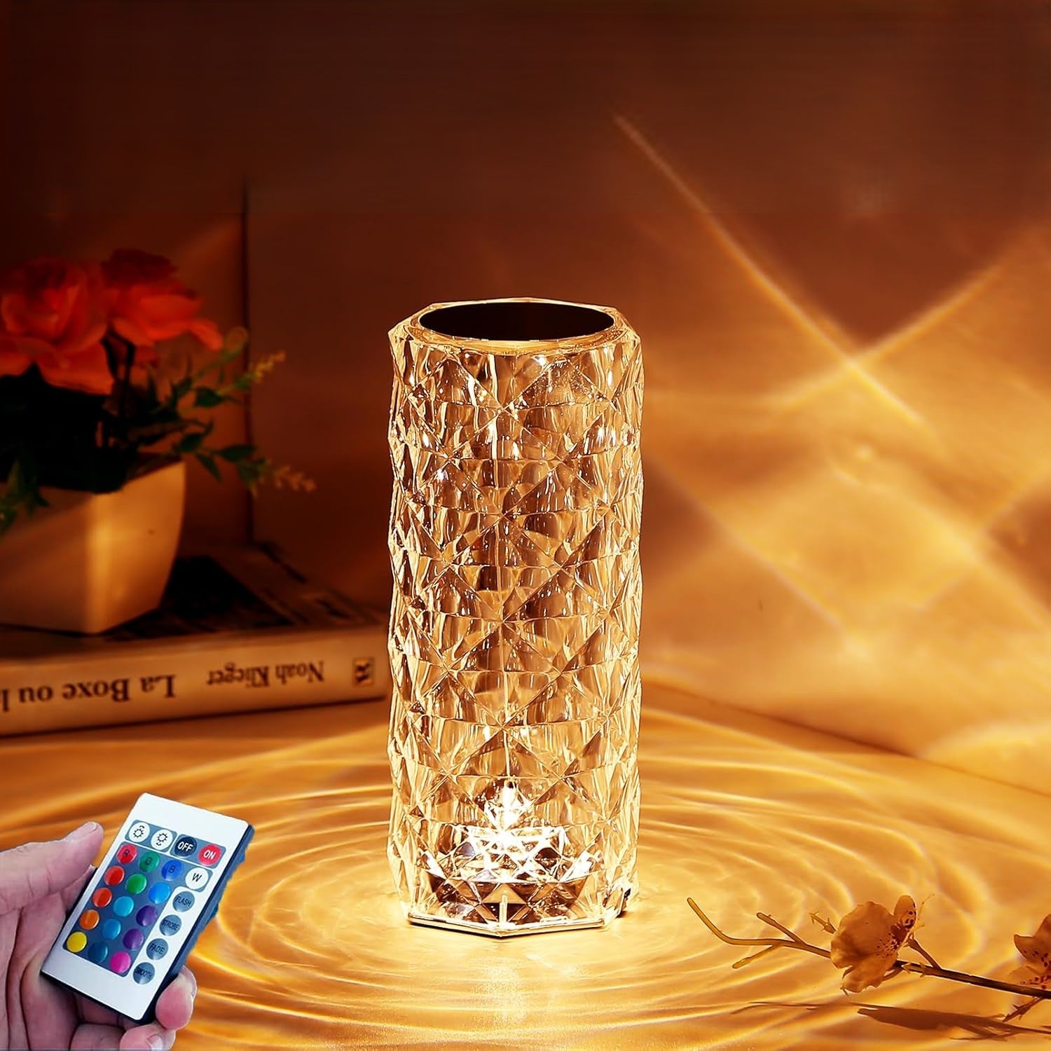 Rose Crystal Table Lamp - 3-Color and 16-Color Touch/Remote Dimmable Night Light for Bedroom and Living Room - Home Fads 