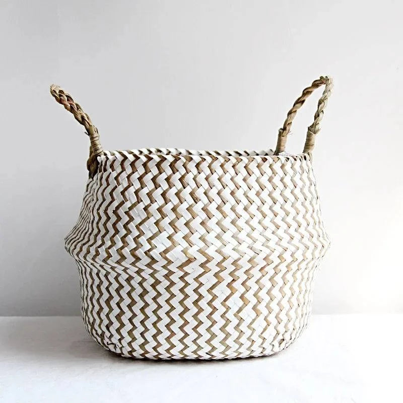 Boho Chic Handmade Striped Wicker Storage Baskets - Collapsible Laundry Basket and Flower Pot - Home Fads 