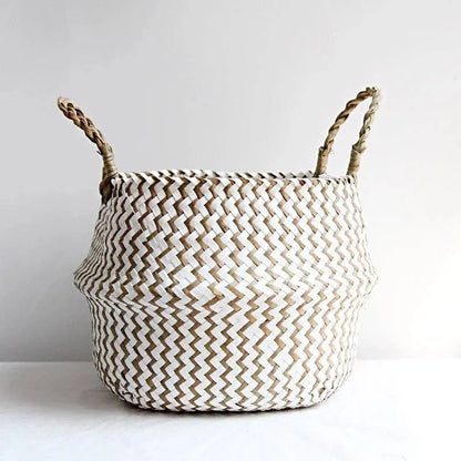 Boho Chic Handmade Striped Wicker Storage Baskets - Collapsible Laundry Basket and Flower Pot - Home Fads 