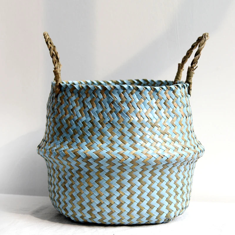 Boho Chic Handmade Striped Wicker Storage Baskets - Collapsible Laundry Basket and Flower Pot - Home Fads 