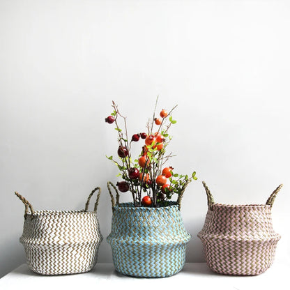 Boho Chic Handmade Striped Wicker Storage Baskets - Collapsible Laundry Basket and Flower Pot - Home Fads 