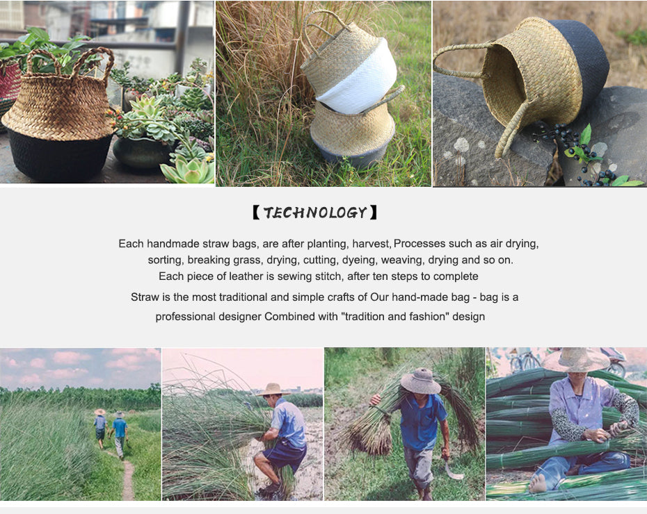 Boho Chic Handmade Striped Wicker Storage Baskets - Collapsible Laundry Basket and Flower Pot - Home Fads 