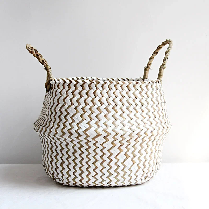 Boho Chic Handmade Striped Wicker Storage Baskets - Collapsible Laundry Basket and Flower Pot - Home Fads 