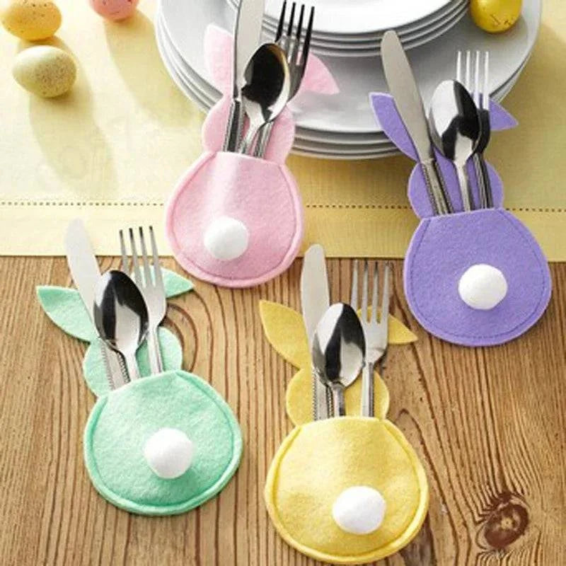 Bunny-Themed Cutlery Holders – Set of 4 Reusable Utensil Bags for Festive Table Settings - Home Fads 