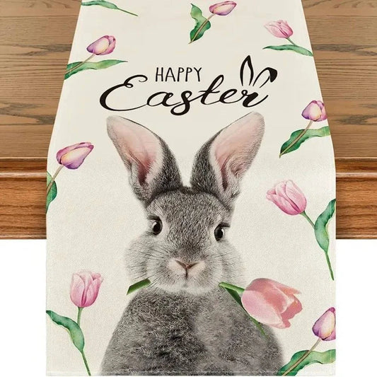Colorful Linen Table Runner – Green, Pink & Black Plaid with Rabbit, Eggs, Gnome & Flower Designs – Washable Kitchen & Dining Decor - Home Fads 