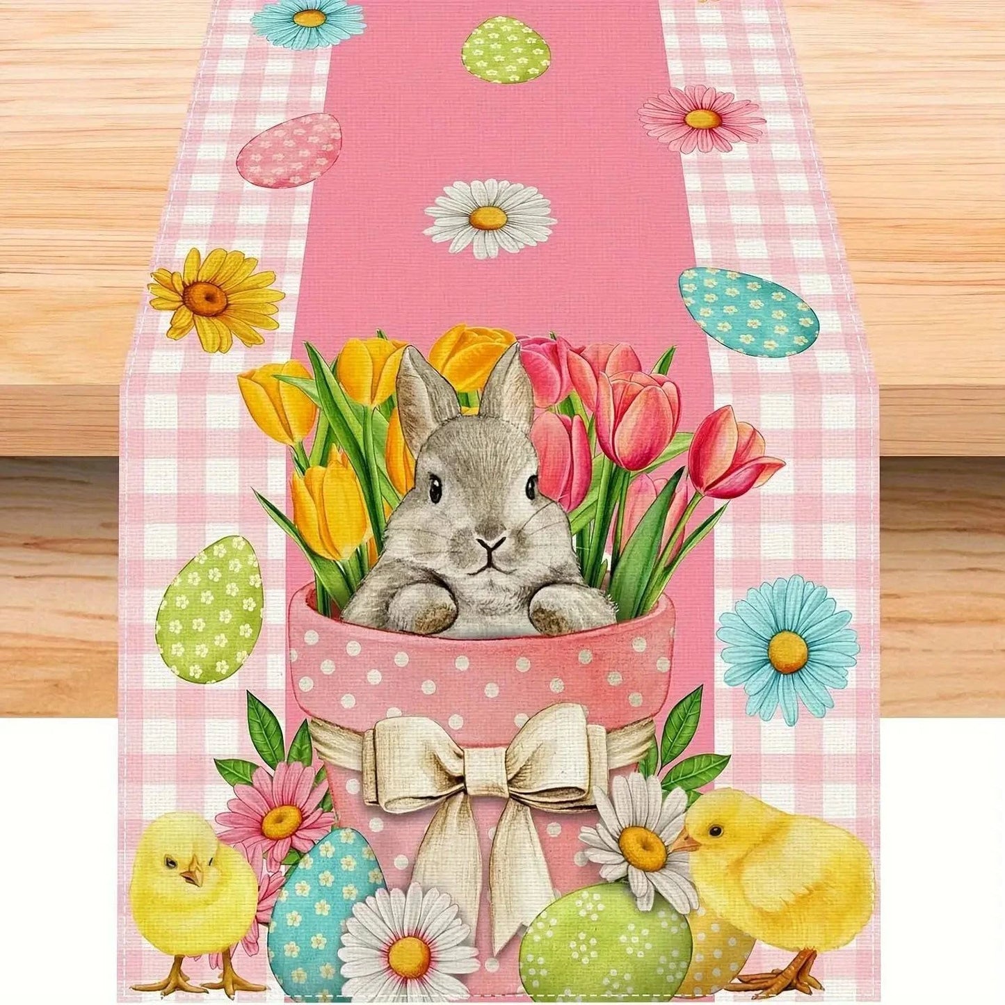 Colorful Linen Table Runner – Green, Pink & Black Plaid with Rabbit, Eggs, Gnome & Flower Designs – Washable Kitchen & Dining Decor - Home Fads 