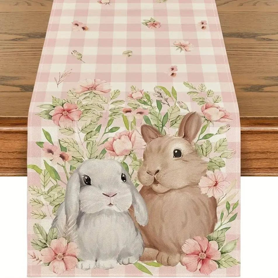 Colorful Linen Table Runner – Green, Pink & Black Plaid with Rabbit, Eggs, Gnome & Flower Designs – Washable Kitchen & Dining Decor - Home Fads 