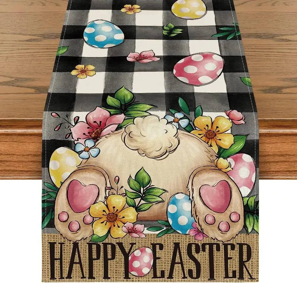 Colorful Linen Table Runner – Green, Pink & Black Plaid with Rabbit, Eggs, Gnome & Flower Designs – Washable Kitchen & Dining Decor - Home Fads 