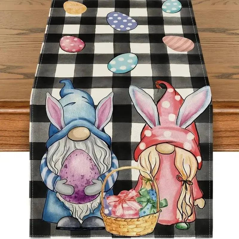 Colorful Linen Table Runner – Green, Pink & Black Plaid with Rabbit, Eggs, Gnome & Flower Designs – Washable Kitchen & Dining Decor - Home Fads 