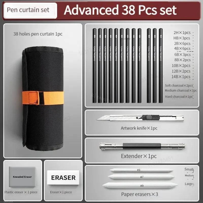 Comprehensive Sketching Pencil Set with Canvas Roll-Up Wrap - 27/38/47 Pieces, Art Supplies for Drawing and Charcoal Sketching - Home Fads 