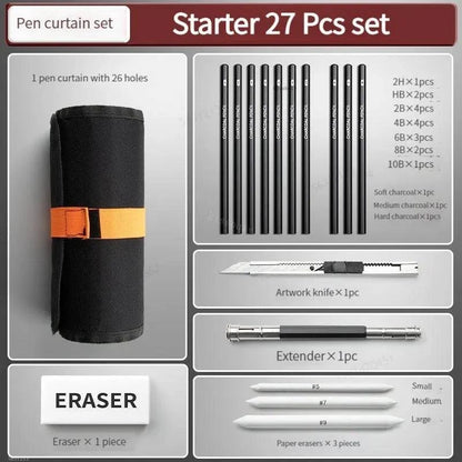 Comprehensive Sketching Pencil Set with Canvas Roll-Up Wrap - 27/38/47 Pieces, Art Supplies for Drawing and Charcoal Sketching - Home Fads 