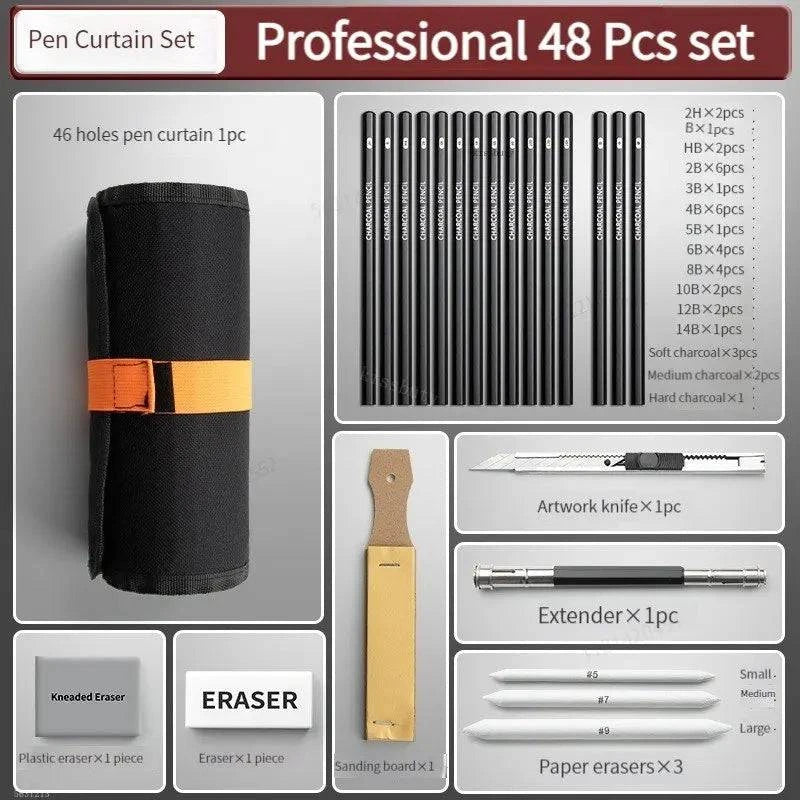 Comprehensive Sketching Pencil Set with Canvas Roll-Up Wrap - 27/38/47 Pieces, Art Supplies for Drawing and Charcoal Sketching - Home Fads 