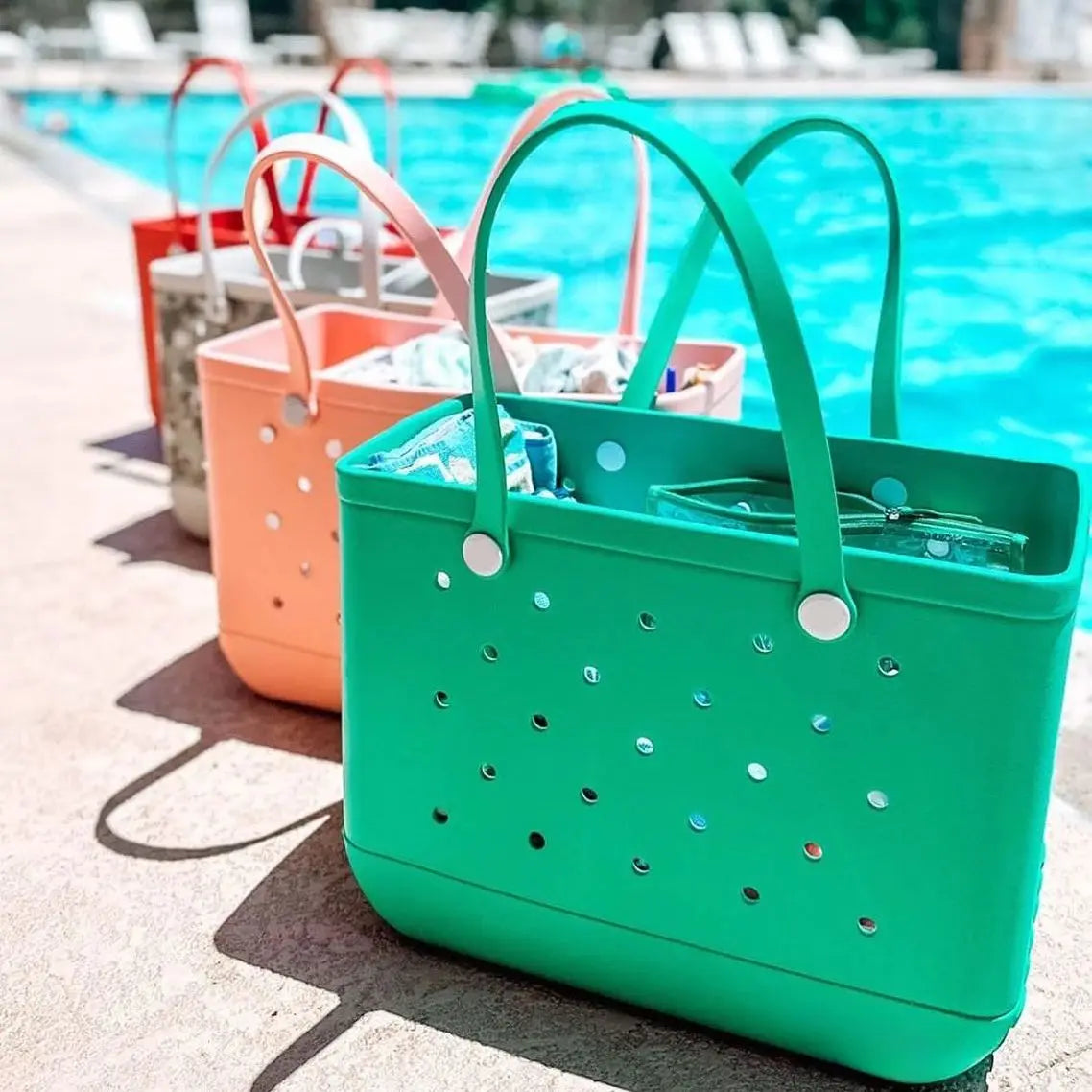 Durable Waterproof EVA Beach Tote Bag – Includes 6 Gift Charms – Unisex Handbag for Shopping, Travel, Sports, Pool – Medium & Extra-Large Sizes - Home Fads 