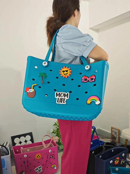 Durable Waterproof EVA Beach Tote Bag with 6 Charms – Unisex Handbag for Shopping, Travel, Sports, Pool – Multiple Sizes - Home Fads 