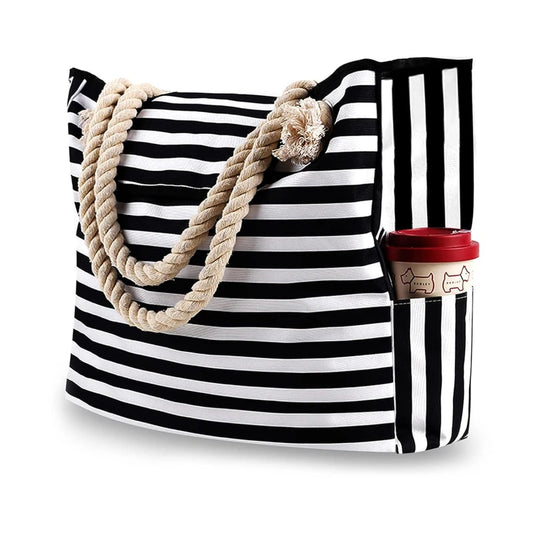 Elegant Striped Canvas Tote for Women - Spacious and Versatile Shoulder Bag for Shopping, Travel, School, and Beach