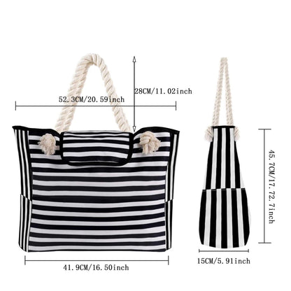 Elegant Striped Canvas Tote for Women - Spacious and Versatile Shoulder Bag for Shopping, Travel, School, and Beach