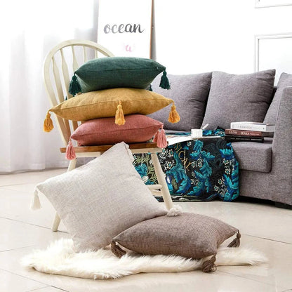 European Linen Cushion Covers with Tassels – 18x18 Inch Decorative Pillow Cases for Sofa, Bed, or Car – Cover Only, No Insert Included - Home Fads 