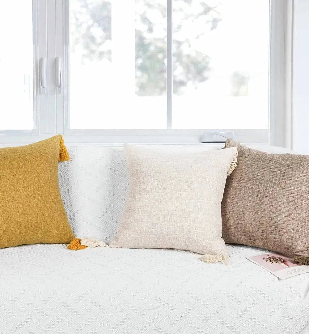 European Linen Cushion Covers with Tassels – 18x18 Inch Decorative Pillow Cases for Sofa, Bed, or Car – Cover Only, No Insert Included - Home Fads 