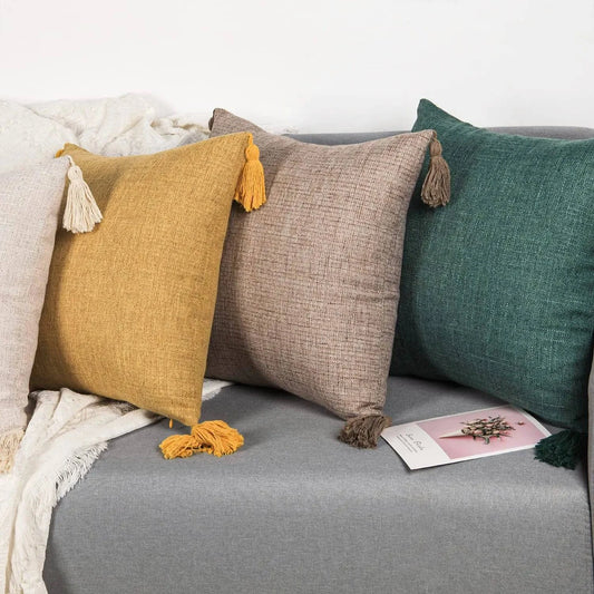 European Linen Cushion Covers with Tassels - 18x18 Inch - Versatile Decor for Couches, Beds, Living Rooms, Bedrooms, Cars - Home Fads 