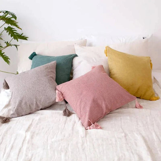 European Linen Cushion Covers with Tassels - 18x18 Inch - Versatile Decor for Couches, Beds, Living Rooms, Bedrooms, Cars - Home Fads 