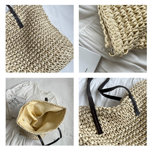 Exquisite Handwoven Straw Tote Bag - Stylish and Spacious Shoulder Handbag for Women - Perfect for Summer Beach Outings and Casual Shopping - Home Fads 
