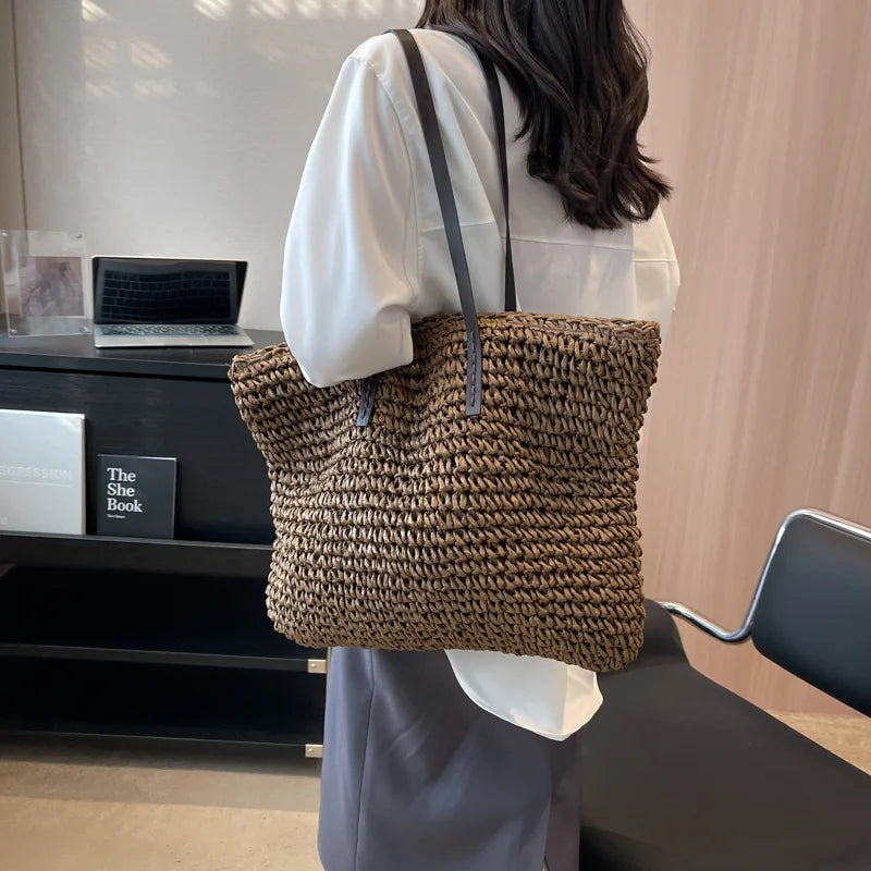 Exquisite Handwoven Straw Tote Bag - Stylish and Spacious Shoulder Handbag for Women - Perfect for Summer Beach Outings and Casual Shopping - Home Fads 