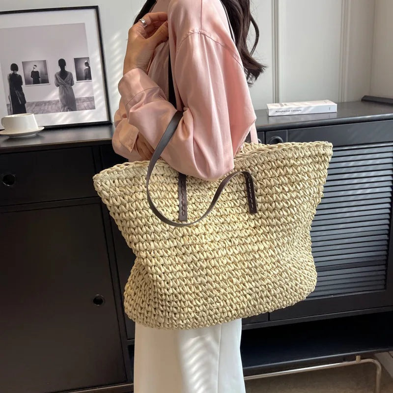 Exquisite Handwoven Straw Tote Bag - Stylish and Spacious Shoulder Handbag for Women - Perfect for Summer Beach Outings and Casual Shopping - Home Fads 