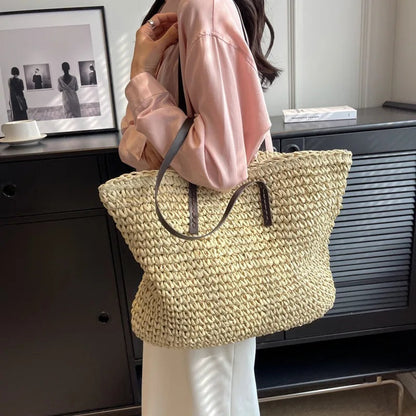 Exquisite Handwoven Straw Tote Bag - Stylish and Spacious Shoulder Handbag for Women - Perfect for Summer Beach Outings and Casual Shopping - Home Fads 