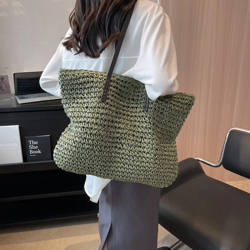 Exquisite Handwoven Straw Tote Bag - Stylish and Spacious Shoulder Handbag for Women - Perfect for Summer Beach Outings and Casual Shopping - Home Fads 