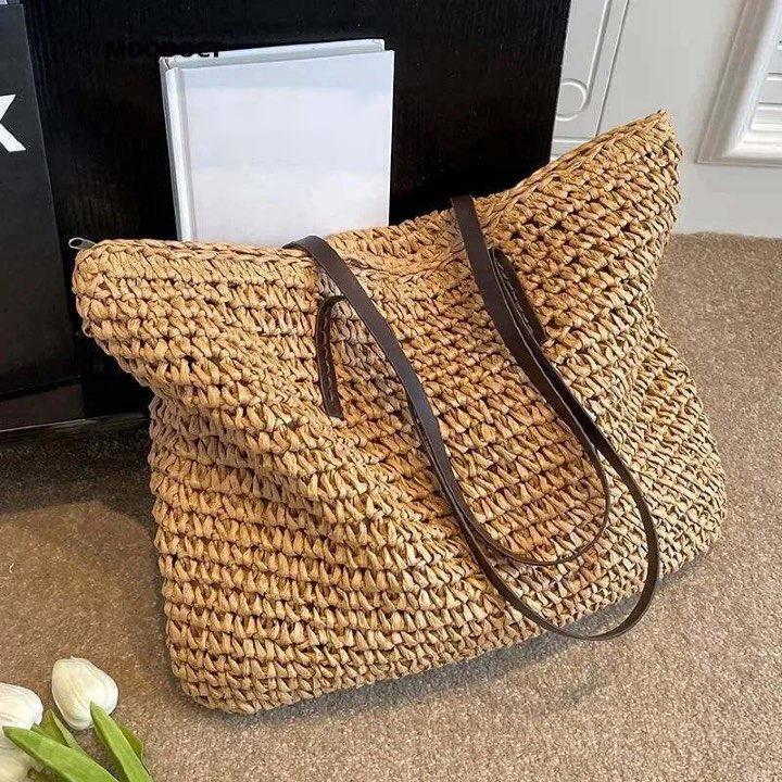 Exquisite Handwoven Straw Tote Bag - Stylish and Spacious Shoulder Handbag for Women - Perfect for Summer Beach Outings and Casual Shopping - Home Fads 