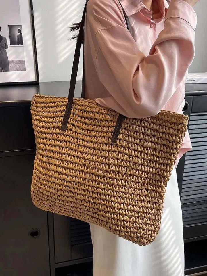 Exquisite Handwoven Straw Tote Bag - Stylish and Spacious Shoulder Handbag for Women - Perfect for Summer Beach Outings and Casual Shopping - Home Fads 
