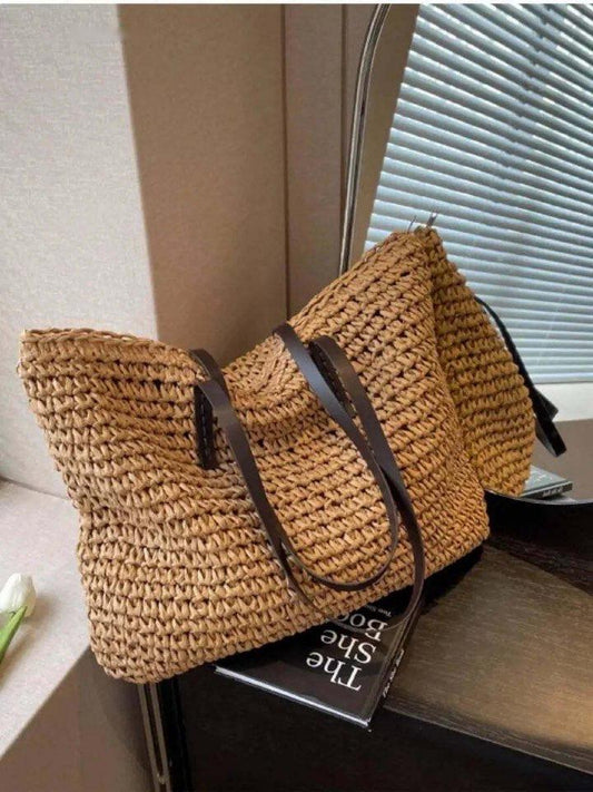 Exquisite Handwoven Straw Tote Bag - Stylish and Spacious Shoulder Handbag for Women - Perfect for Summer Beach Outings and Casual Shopping - Home Fads 