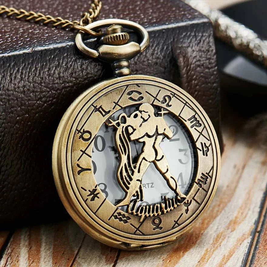 Exquisite Vintage Zodiac Constellation Quartz Pocket Watch for Him and Her - Elegant Gift for Any Occasion - Home Fads 