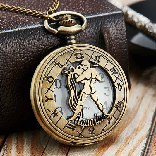 Exquisite Vintage Zodiac Constellation Quartz Pocket Watch for Him and Her - Elegant Gift for Any Occasion - Home Fads 