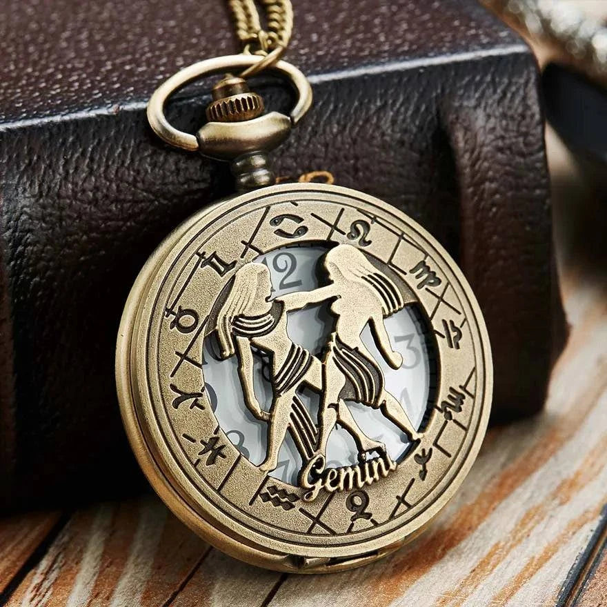 Exquisite Vintage Zodiac Constellation Quartz Pocket Watch for Him and Her - Elegant Gift for Any Occasion - Home Fads 