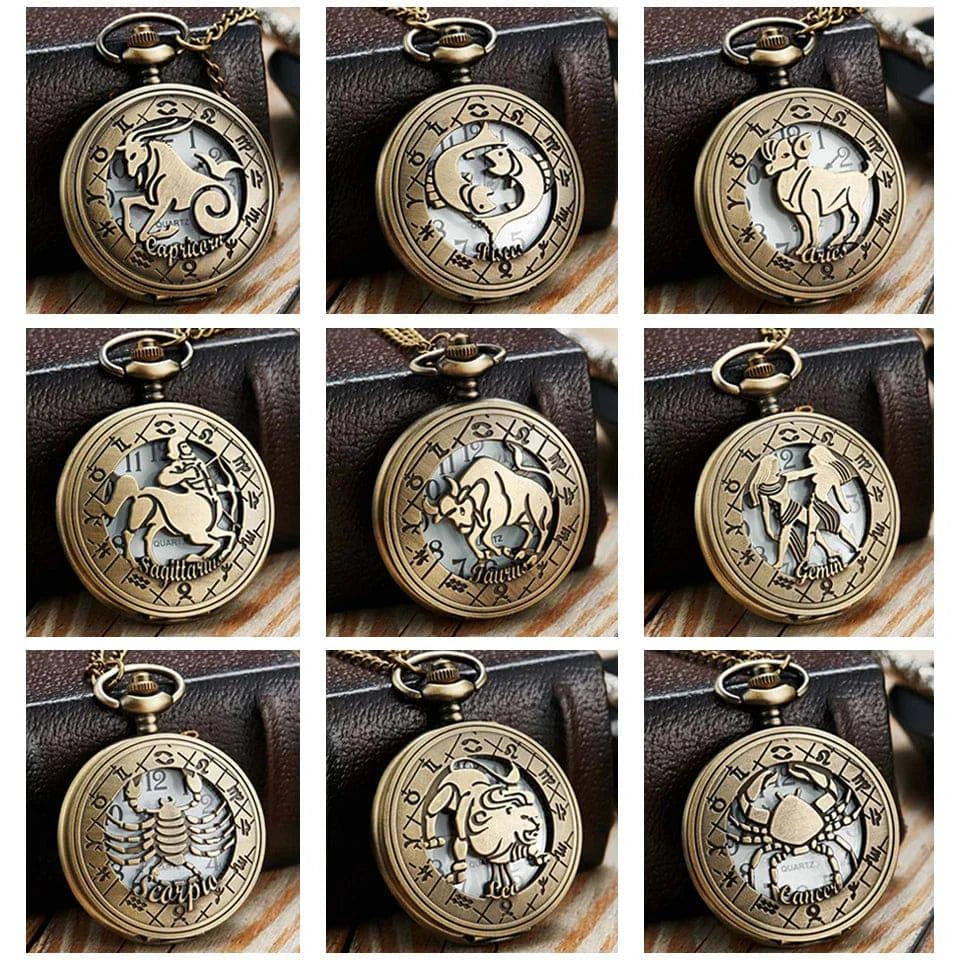 Exquisite Vintage Zodiac Constellation Quartz Pocket Watch for Him and Her - Elegant Gift for Any Occasion - Home Fads 