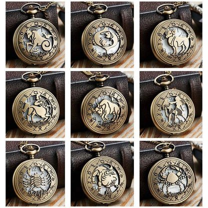Exquisite Vintage Zodiac Constellation Quartz Pocket Watch for Him and Her - Elegant Gift for Any Occasion - Home Fads 