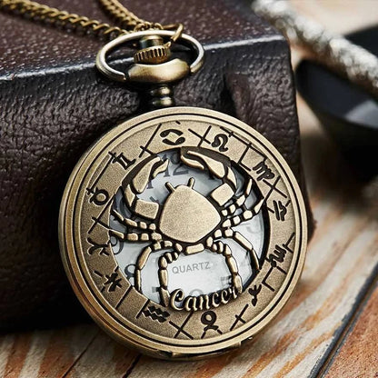 Exquisite Vintage Zodiac Constellation Quartz Pocket Watch for Him and Her - Elegant Gift for Any Occasion - Home Fads 