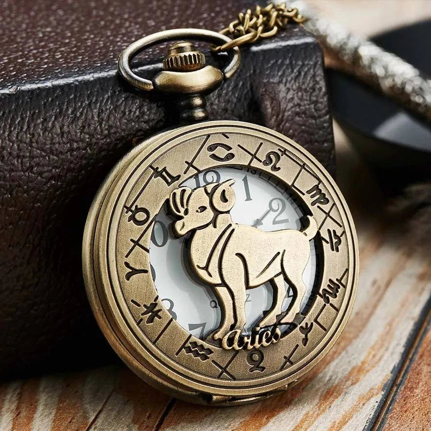 Exquisite Vintage Zodiac Constellation Quartz Pocket Watch for Him and Her - Elegant Gift for Any Occasion - Home Fads 