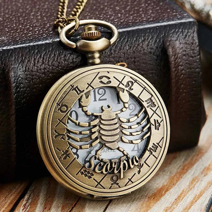 Exquisite Vintage Zodiac Constellation Quartz Pocket Watch for Him and Her - Elegant Gift for Any Occasion - Home Fads 