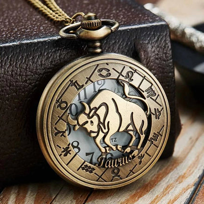 Exquisite Vintage Zodiac Constellation Quartz Pocket Watch for Him and Her - Elegant Gift for Any Occasion - Home Fads 