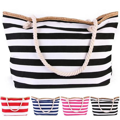 Fashionable Striped Canvas Beach Tote Bag for Women - Large Capacity Summer Handbag - Home Fads 