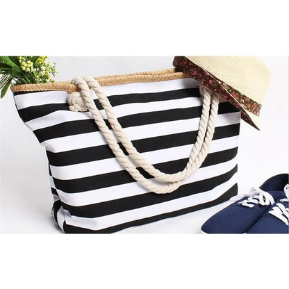 Fashionable Striped Canvas Beach Tote Bag for Women - Large Capacity Summer Handbag - Home Fads 