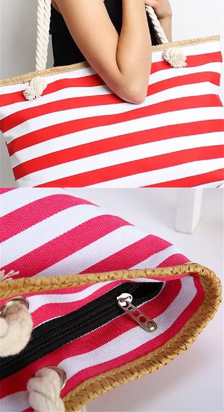 Fashionable Striped Canvas Beach Tote Bag for Women - Large Capacity Summer Handbag - Home Fads 
