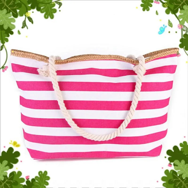 Fashionable Striped Canvas Beach Tote Bag for Women - Large Capacity Summer Handbag - Home Fads 