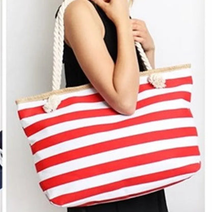 Fashionable Striped Canvas Beach Tote Bag for Women - Large Capacity Summer Handbag - Home Fads 