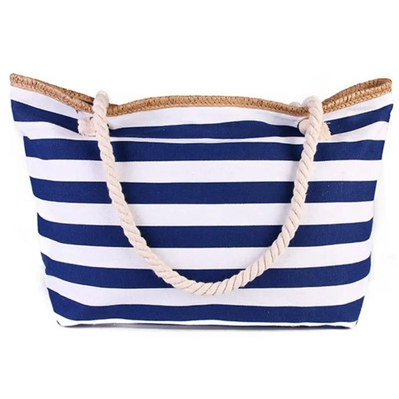 Fashionable Striped Canvas Beach Tote Bag for Women - Large Capacity Summer Handbag - Home Fads 