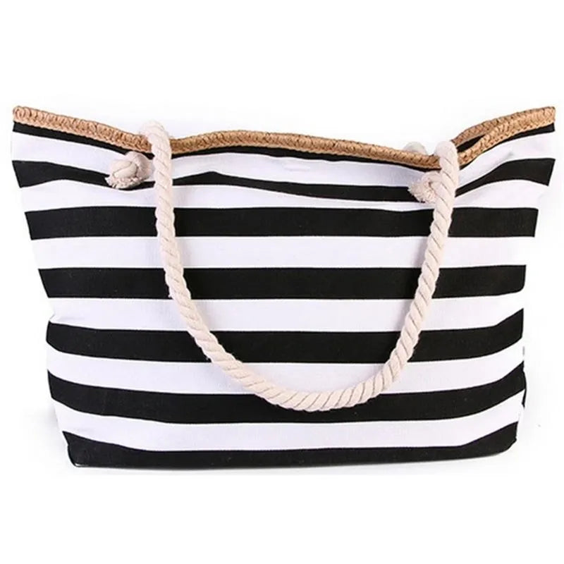 Fashionable Striped Canvas Beach Tote Bag for Women - Large Capacity Summer Handbag - Home Fads 