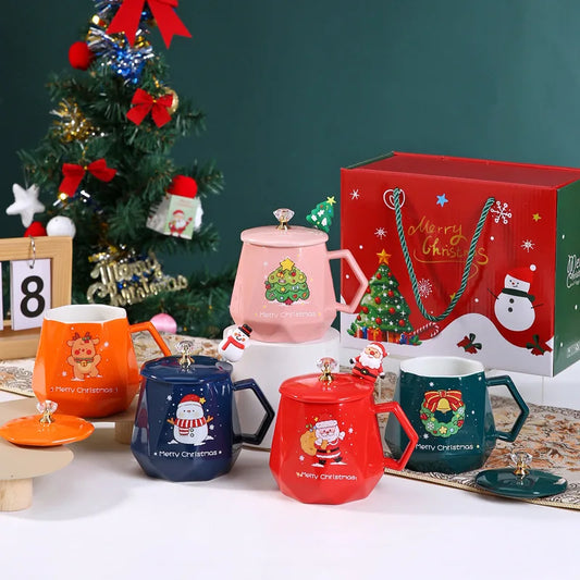 Festive Ceramic Mug with Lid & Spoon – 400ml Santa and Elk Design for Coffee, Milk, and Tea - Home Fads 